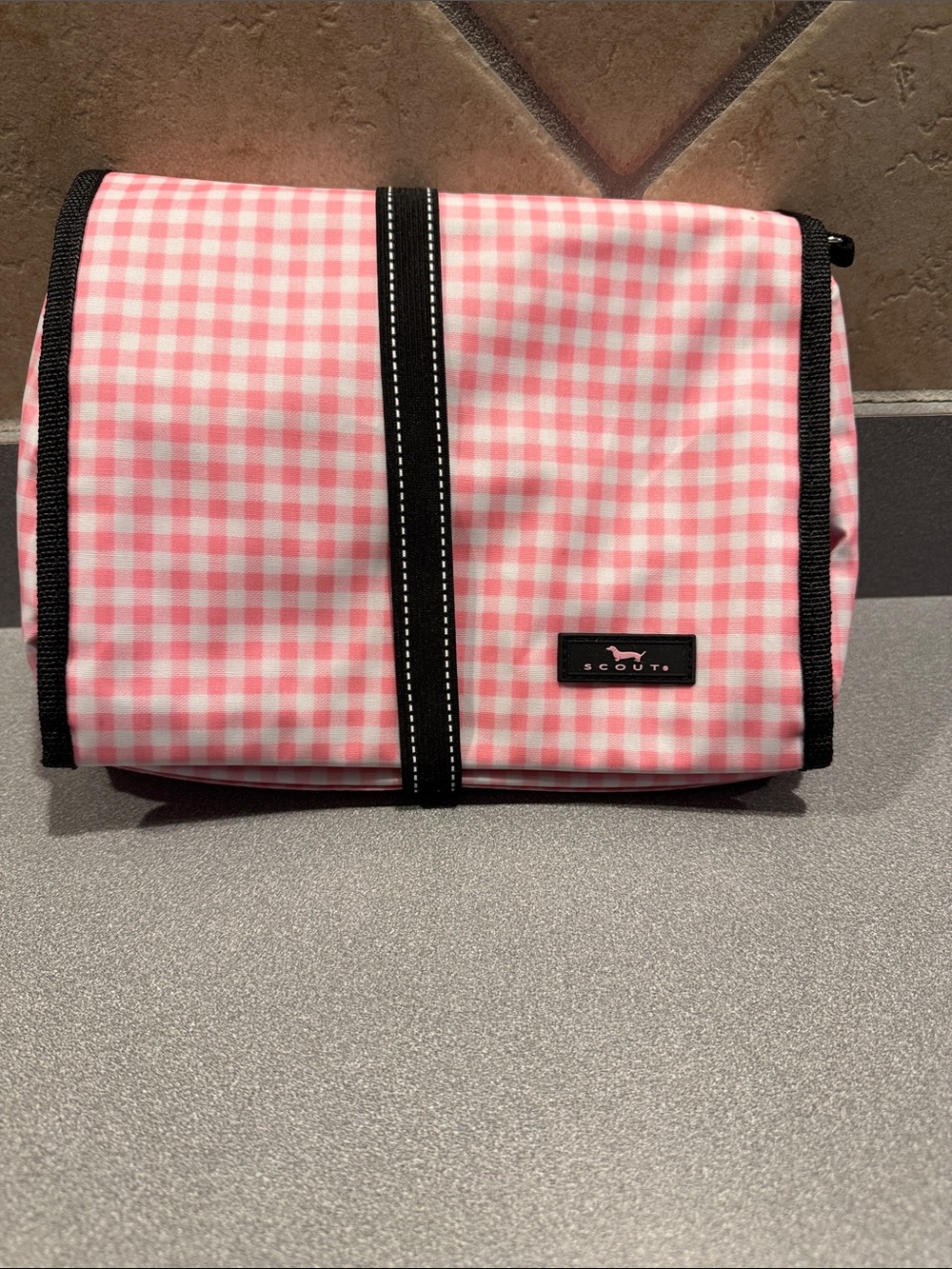Scout Pink Gingham Toiletry Bag with Black Trim